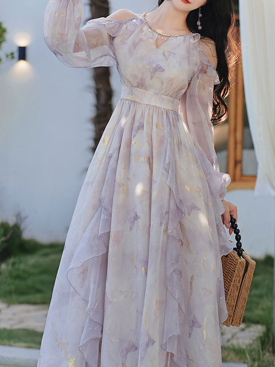 Vintage 1970s Floral Print Lavender Chiffon Ruffled Off-Shoulder Long Sleeve Maxi Dress