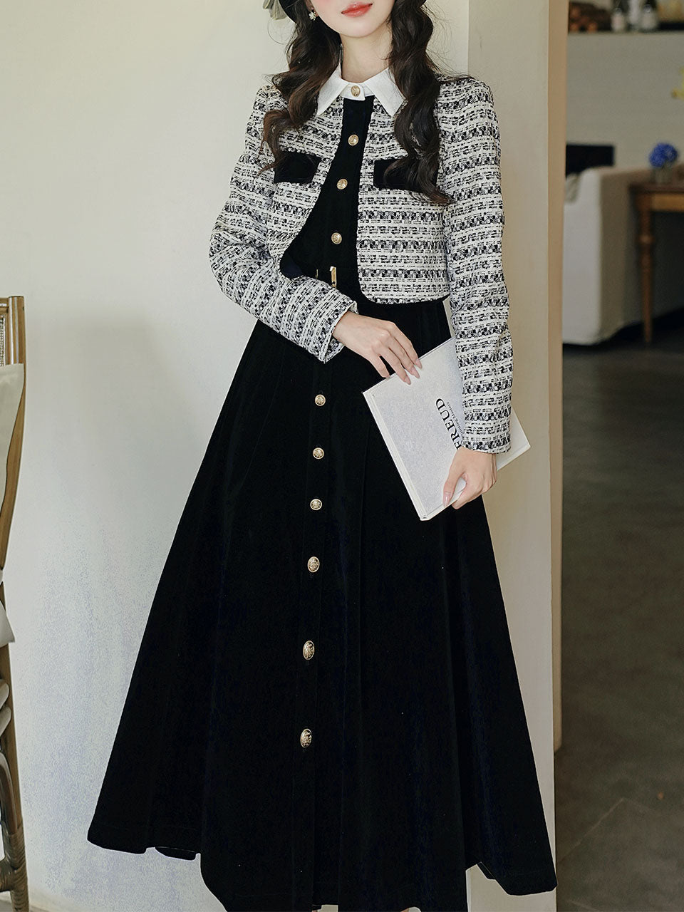 Black Tweed Fake Two-Piece Long Sleeve Vintage Dress