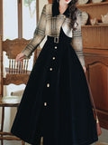 Black Plaid Tweed Fake Two-Piece Long Sleeve Vintage Dress