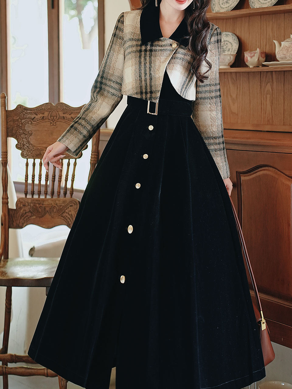Black Plaid Tweed Fake Two-Piece Long Sleeve Vintage Dress