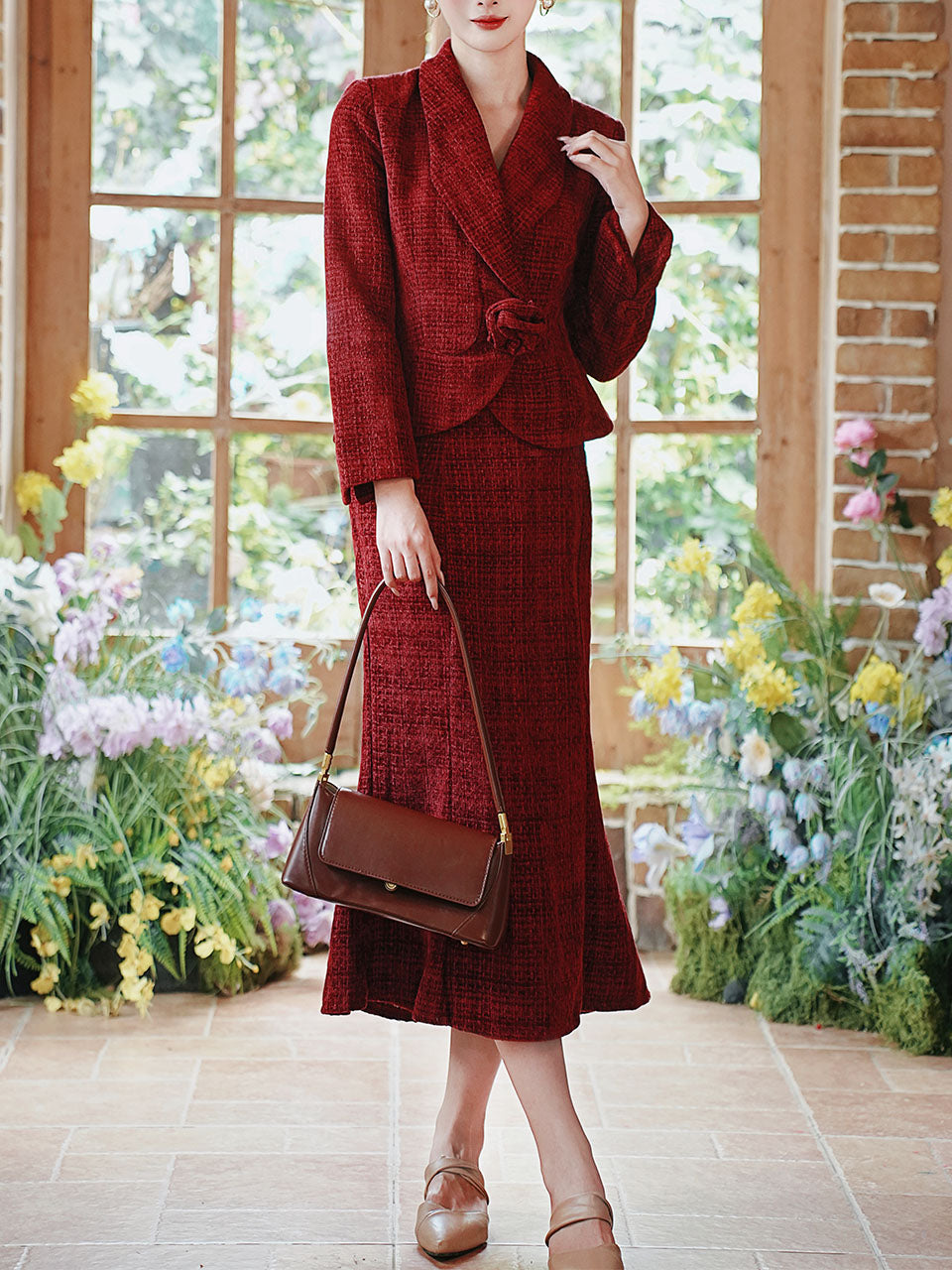 Warm Christmas Red Tweed Blazer and Skirt Set