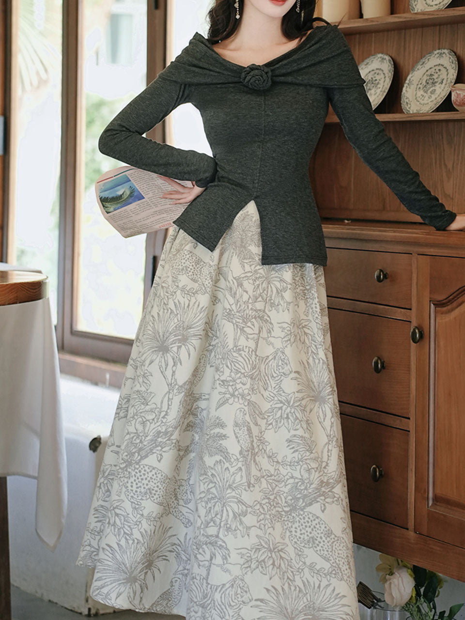 Gray Off Shoulder Slit Knit Top and Floral Jacquard Maxi Skirt Set