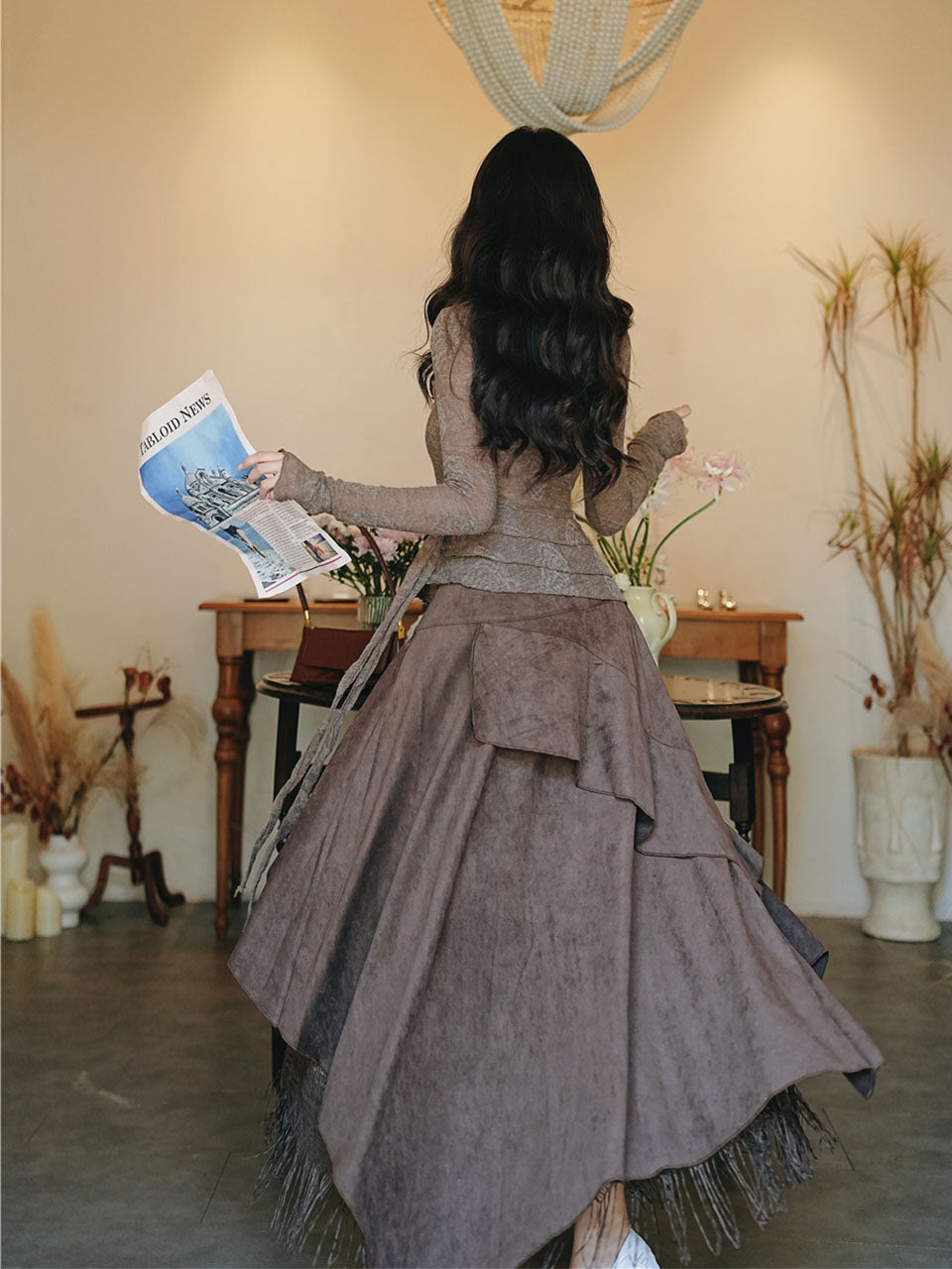 1950S Vintage Brown Rose Top and Irregular lace Swing Skirt Set