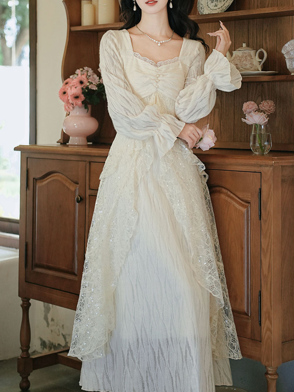 White Lace Ruffle Long Sleeve Sequined Vintage Dress