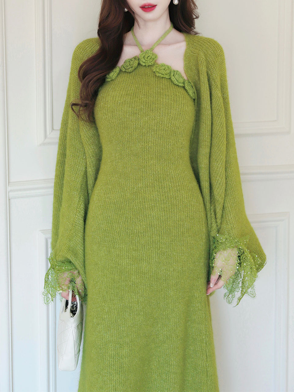 Vintage 1950s Green Knit Handmade Rose Collar Halter Dress Set Matching Shawl