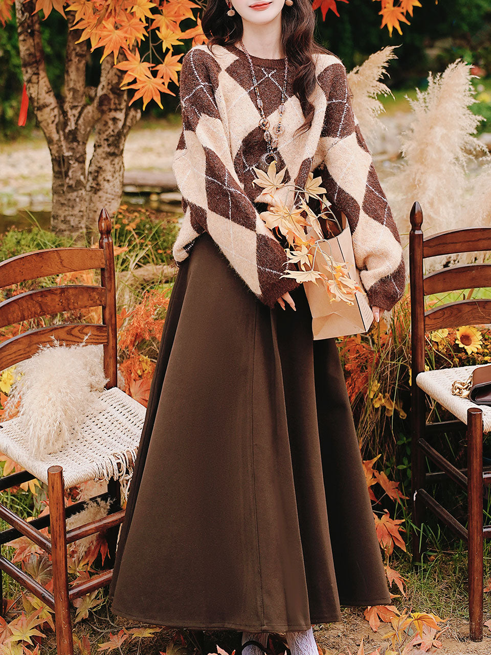 2PS Vintage Brown and White Argyle Sweater and Brown Swing Skirt Vintage Audrey Hepburn's Style Outfits
