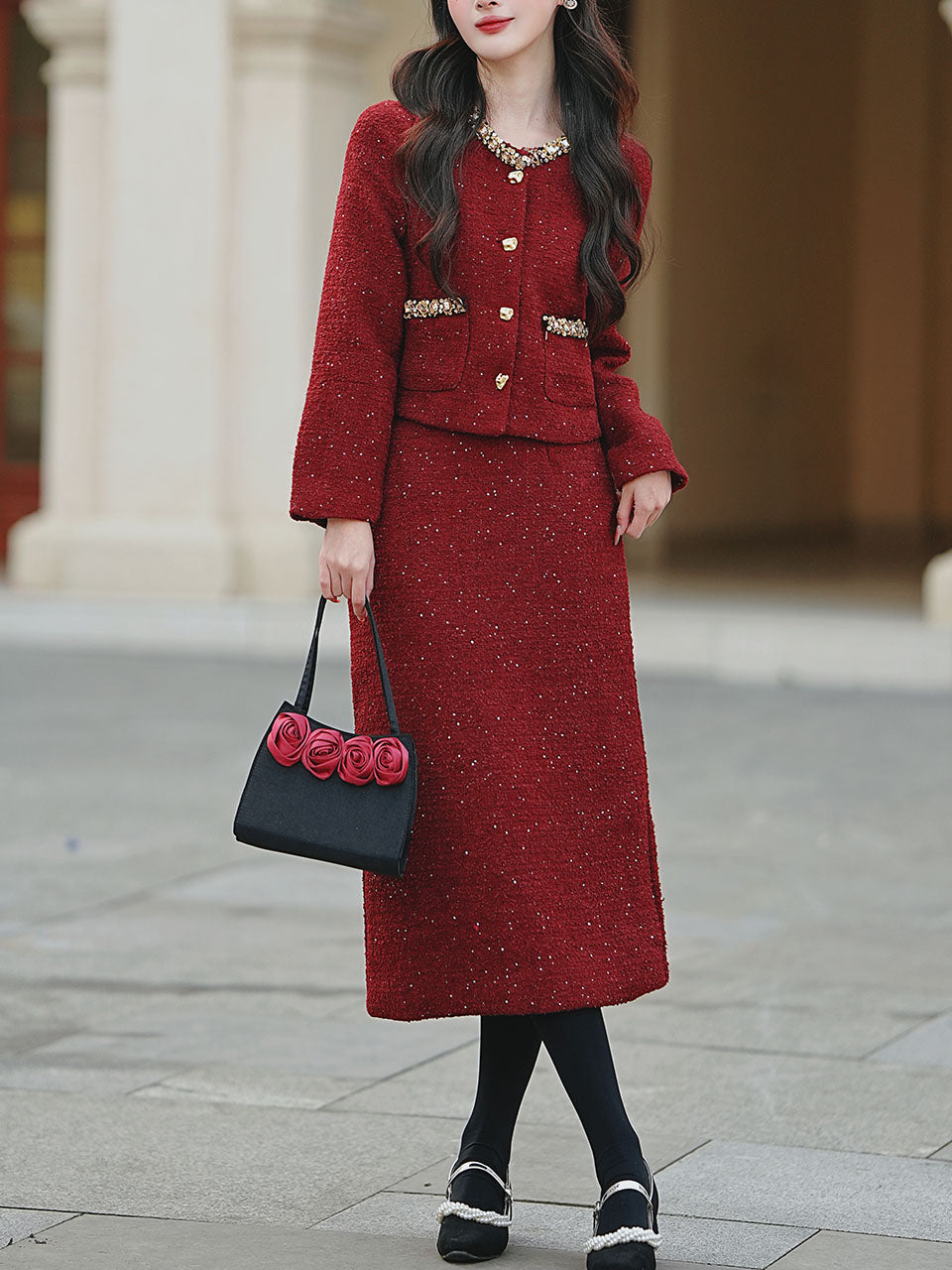2PS Red Luxurious Sequined Warm Tweed Coat