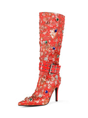 10CM Red Luxury Embroidered Stiletto Heel Boots Vintage Shoes
