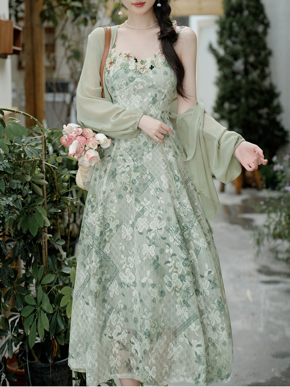 2PS Green Floral Print Lace Dress