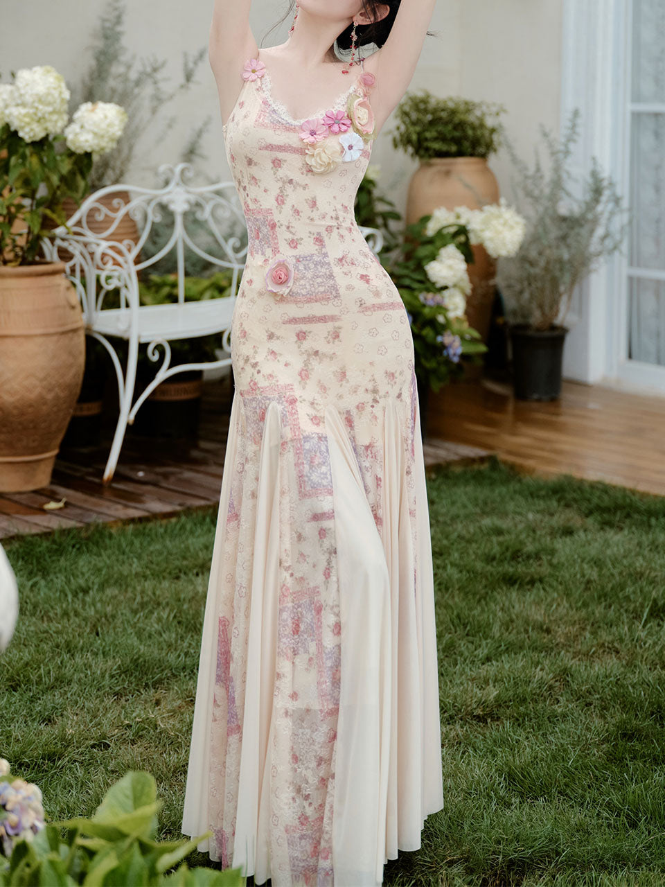 Pink Floral Print Spaghetti Strap Fishtail Flared Vintage Maxi Dress