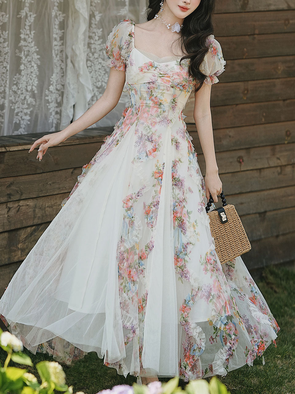 Printed Tulle Puff Sleeve Ruffled Hem Princess Party Dress for Girls Women