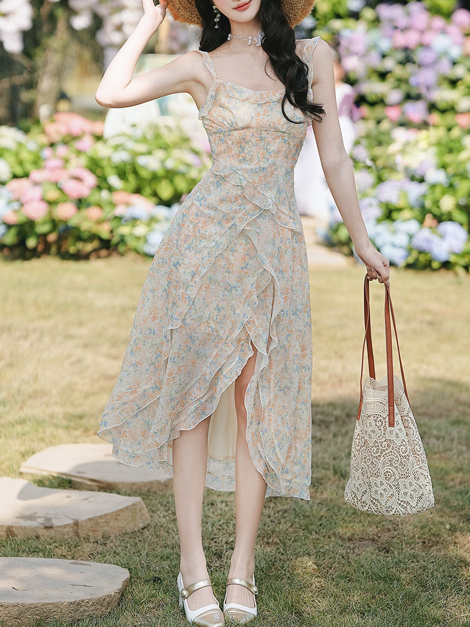 2PS Apricot Floral Printed Spaghetti Strap High-low Ruffled Hem Vintage Dress