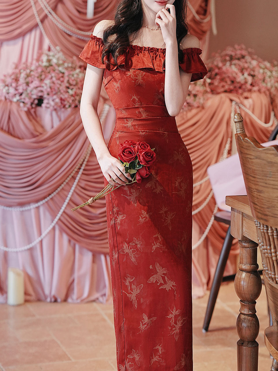 Red Butterfly Print Off Shoulder Bodycon Dress