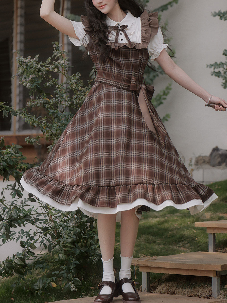 Brown Plaid Fake Two-Piece Short Sleeve Vintage Dress