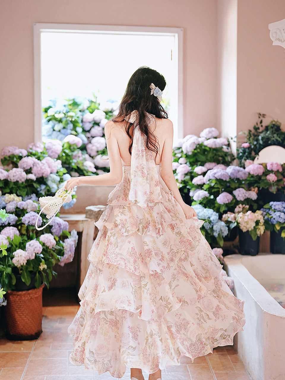 Pink Floral Print Halter Neck Backless Vintage Dress