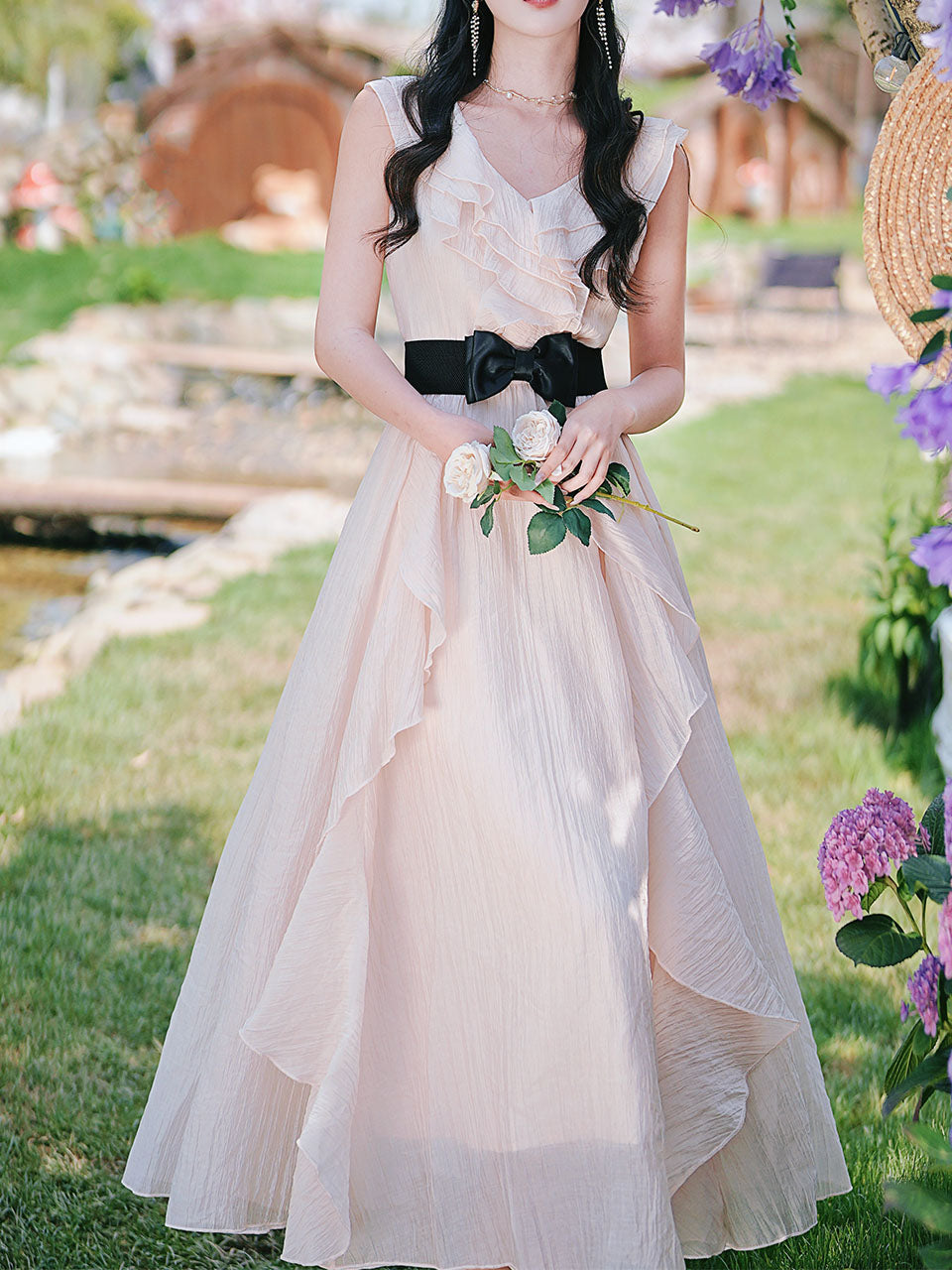 Pink Flowy Ruffle V-Neck Dress