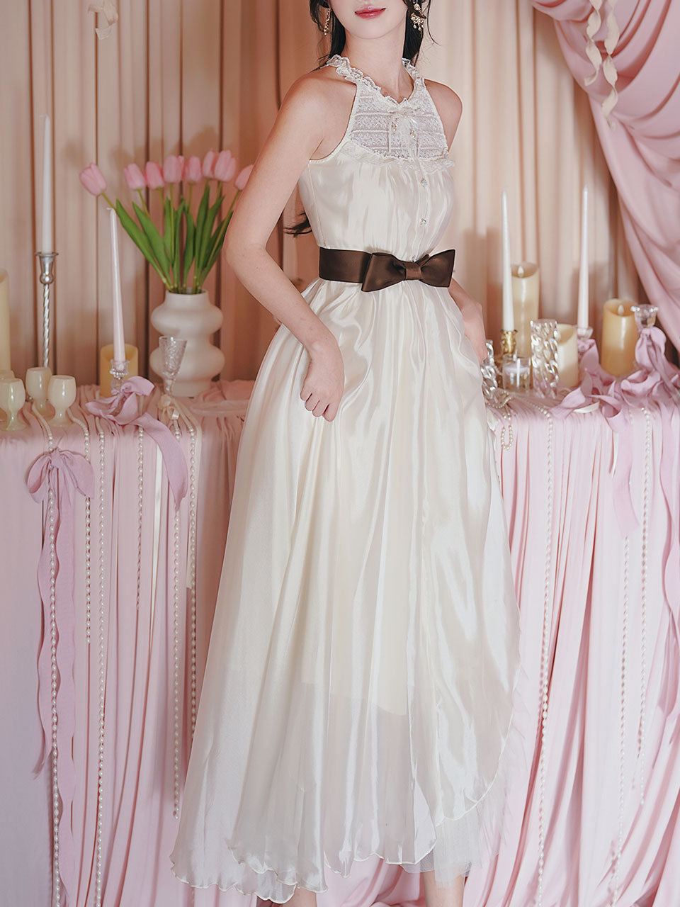 1950s Vintage White Lace Organza Maxi Dress for Women