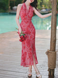 Red Rose Floral Halter Wrap Maxi Dress