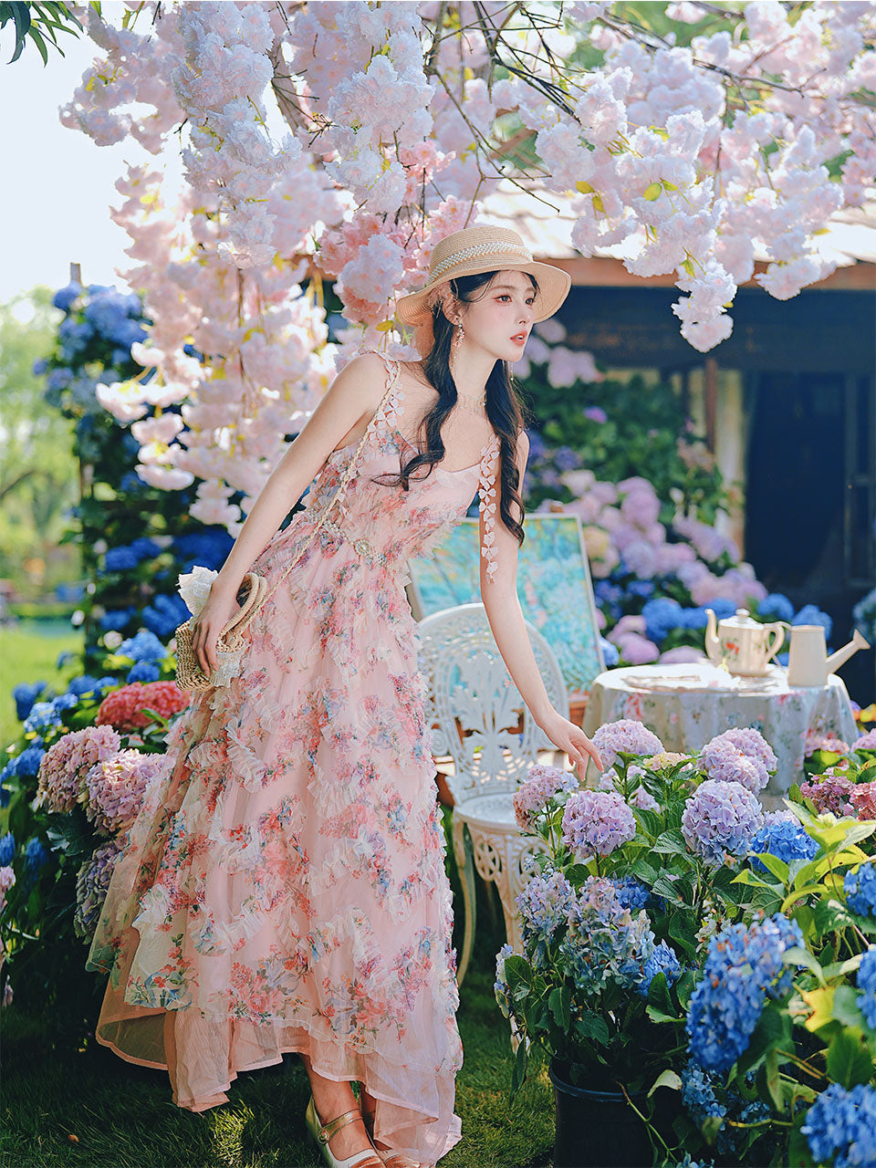 2PS Pink Ruffles Floral Printed Spaghetti Strap Vintage Dress