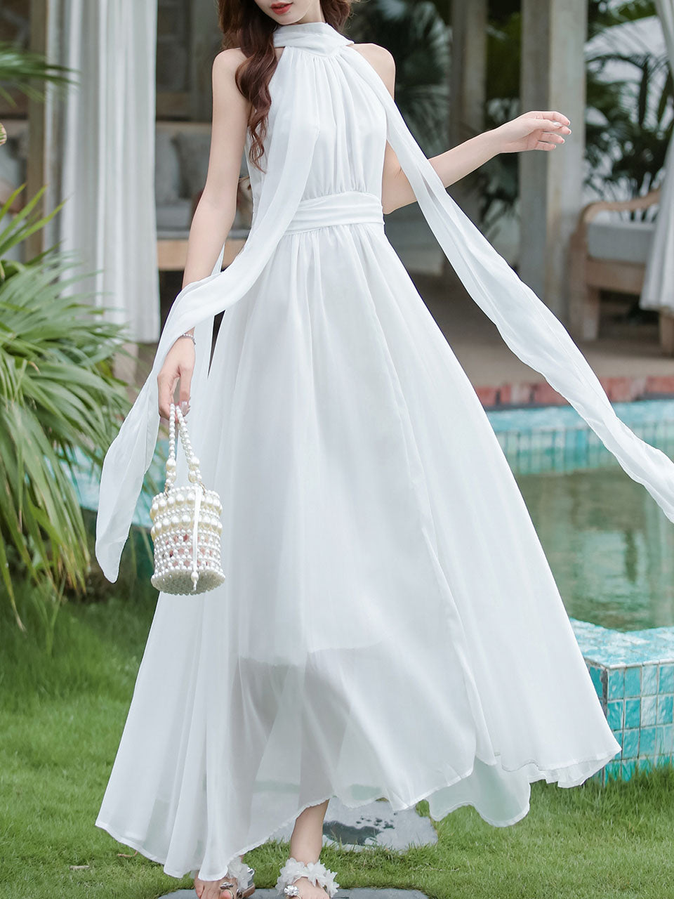 Audrey Hepburn style White Halter Neck Muse Maxi Dress