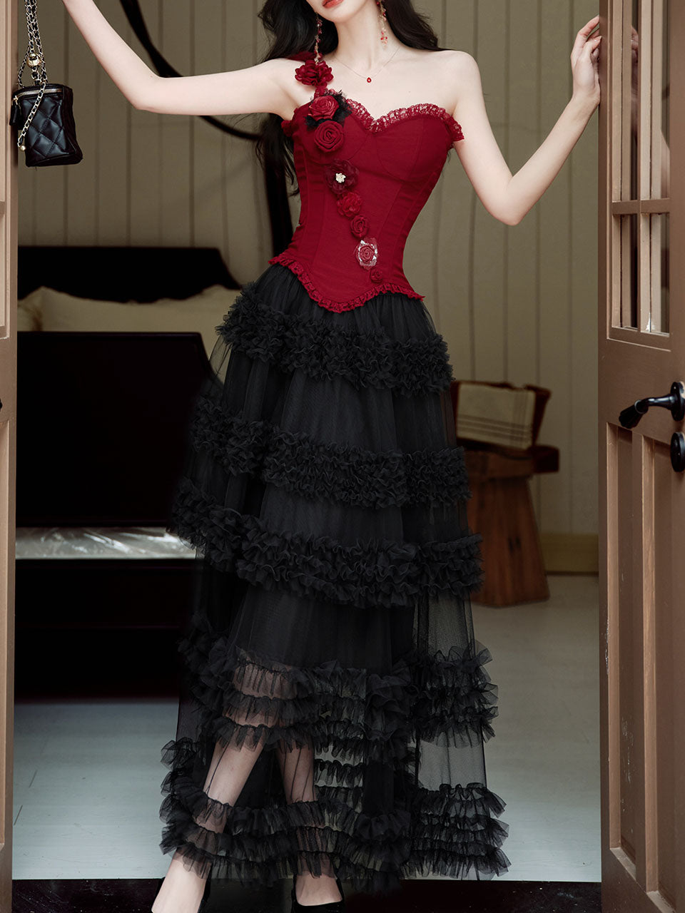 Gothic Red Corset Tiered Tulle Maxi Dress  Rose Asymmetric Ruffle Dark Romantic Party Gown