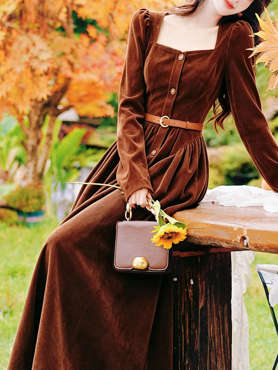 Vintage Brown Velvet Square Neck Puff Sleeve Button-Down Midi Dress