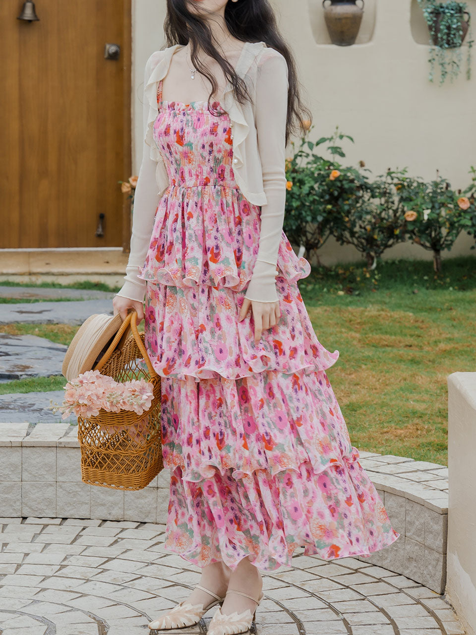 2PS Pink Floral Print Ruffles Strap Dress
