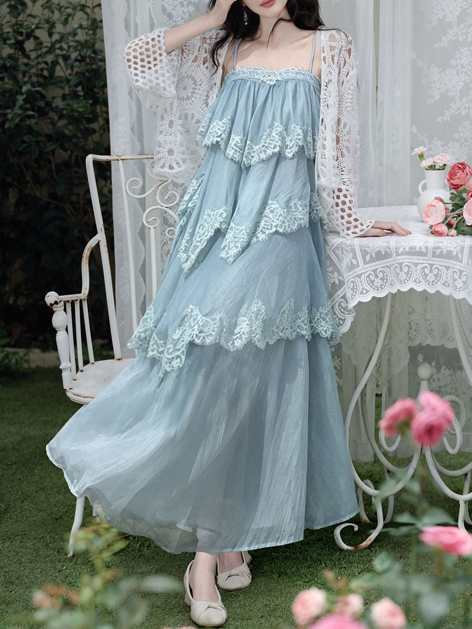 Blue Lace Spaghetti Strap Irregular Tiered Maxi Dress