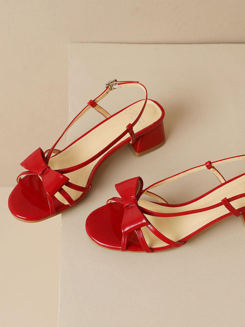 Round Open Toe Bow Chunky Heel Sandals Leather Vintage Shoes