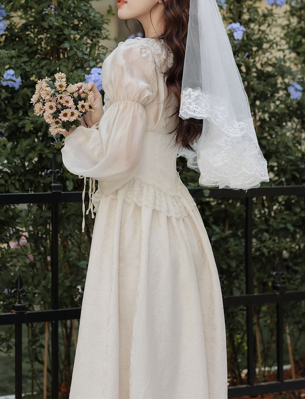 Sweet Victorian Ruffles Corset Long Sleeve Wedding Maxi Dress