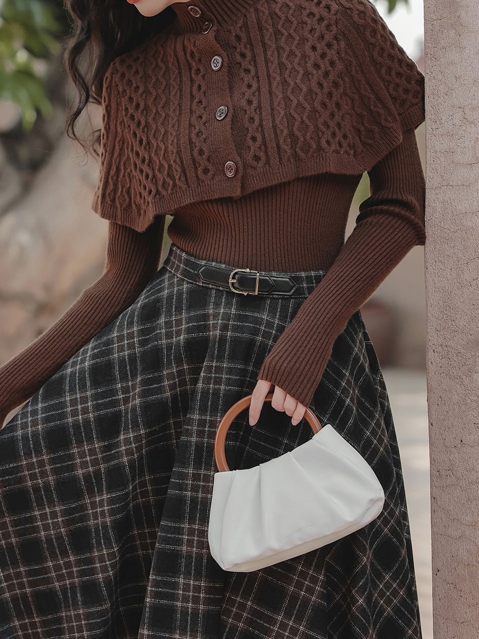 3PS Brown Bow Knitted Sweater Top Cape
