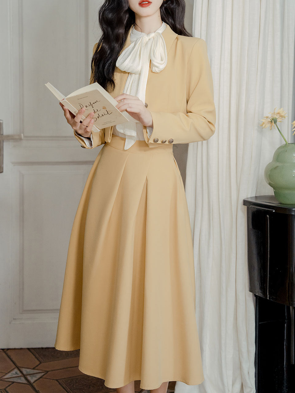 3PS Bowknot Collar Shirt and Yellow 1950S Vintage Coat