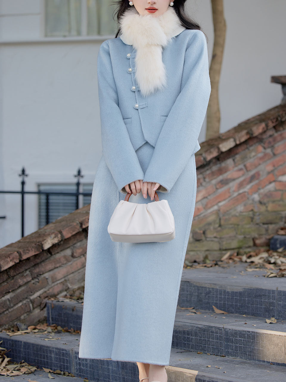 2PS Light Blue Rounded Flat Long Sleeve Wool Coat