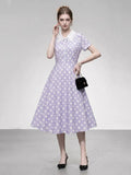 1950s Purple Peter Pan Collar Polka Dots Swing Dress