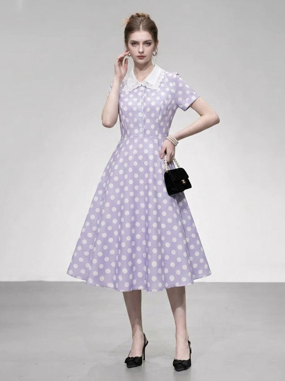 1950s Purple Peter Pan Collar Polka Dots Swing Dress