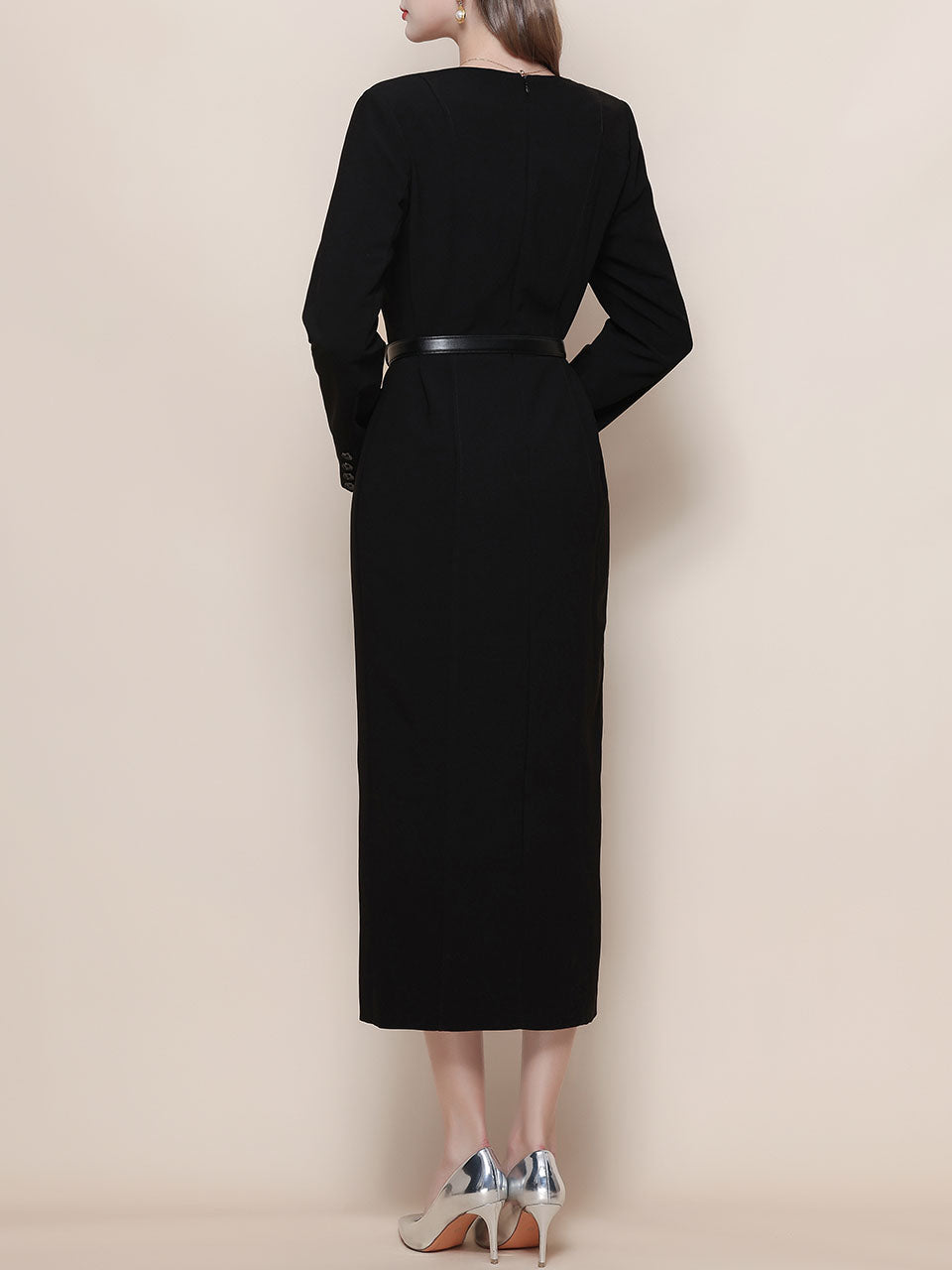 Black Square Collar Long Sleeve Bodycon 1960S Dress
