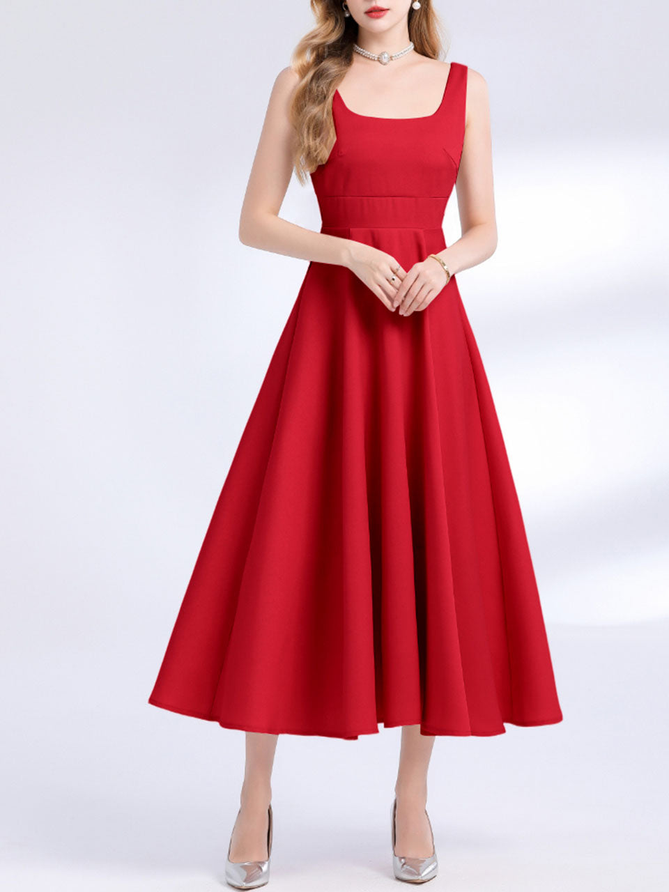 Red Satin V Neck Sleeveless Classic 1950S Vintage Sweet Party Dress