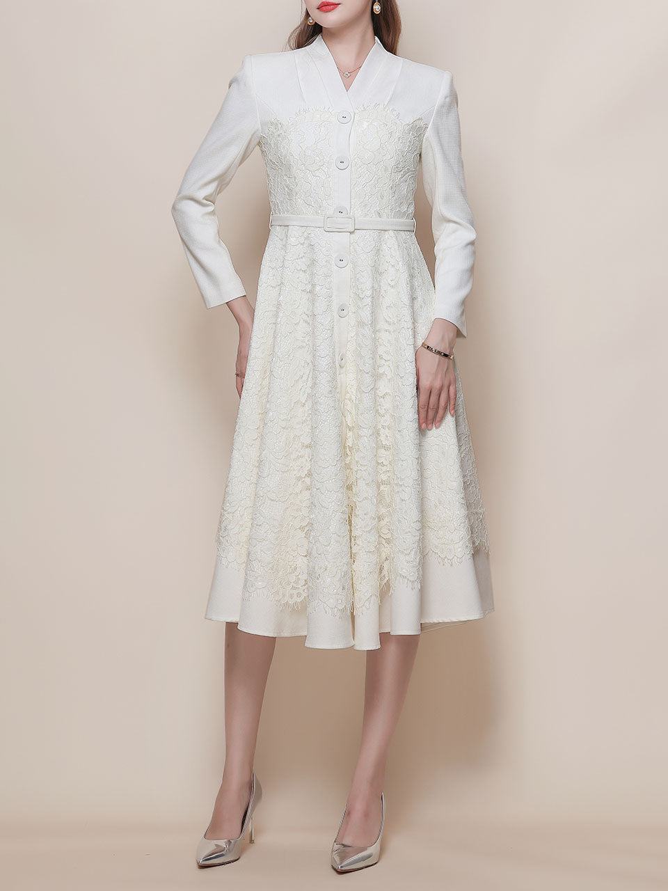 White V Neck Long Sleeve Classic 1950S Vintage Dress