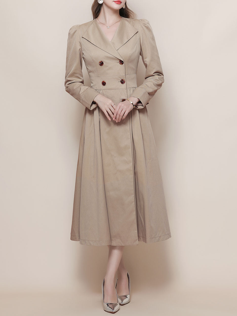 Khaki Vintage Style Double Breasted Trench Dress Coat