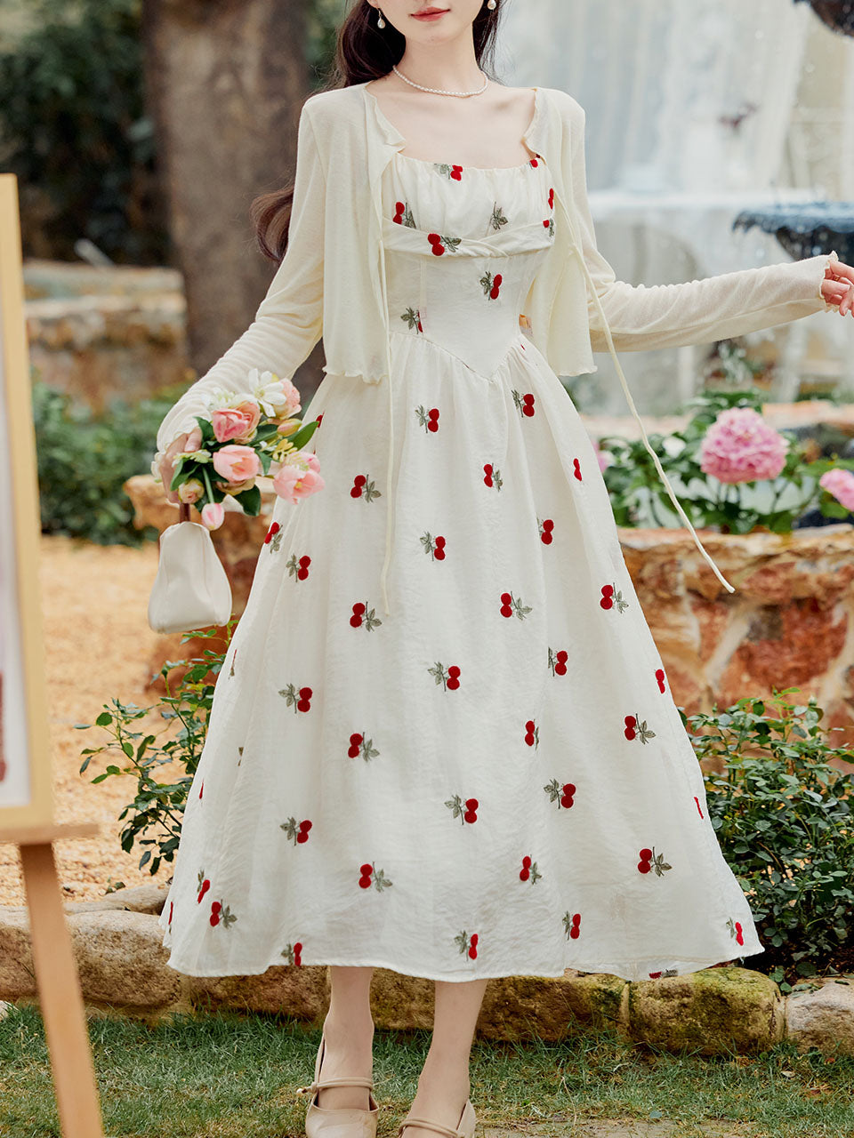 2PS White Cherry Print Spaghetti Strap Dress