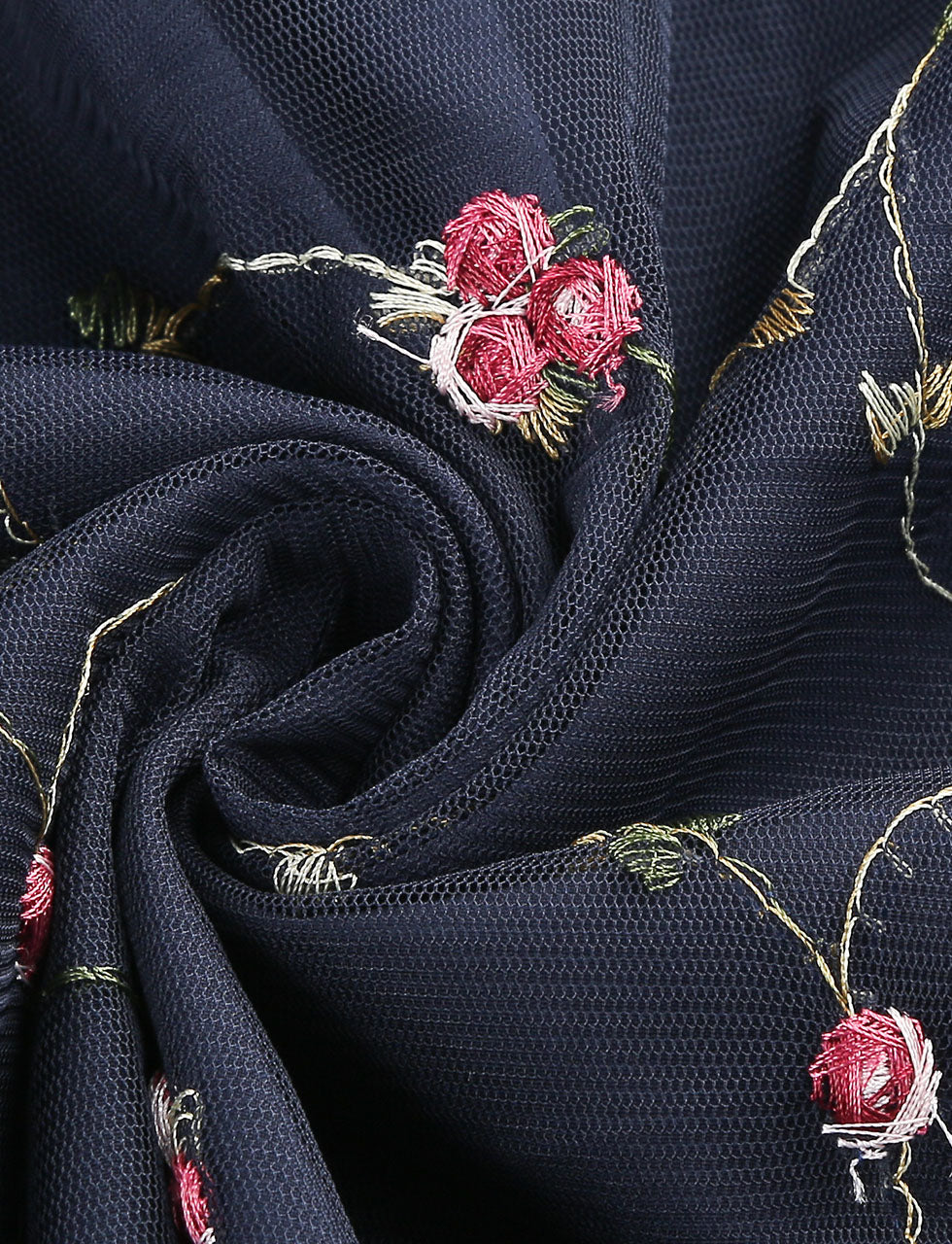 Lake Blue Semi Mesh Flower Embroidered Sleeveless 50S Swing Dress