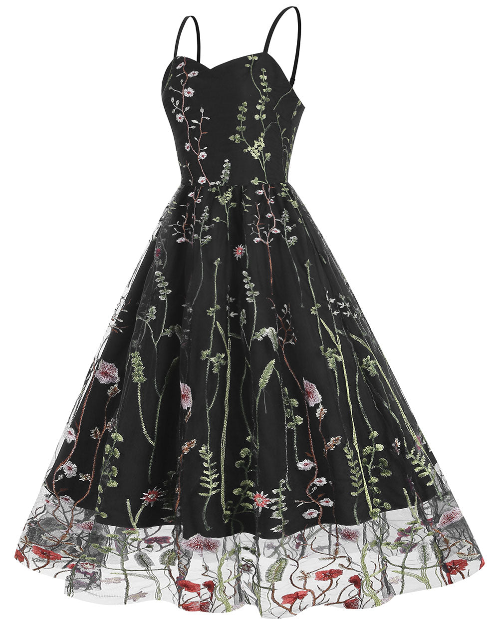 Black Semi Mesh Flower Embroidered Spaghetti Strap Sleeveless 50S Swing Dress
