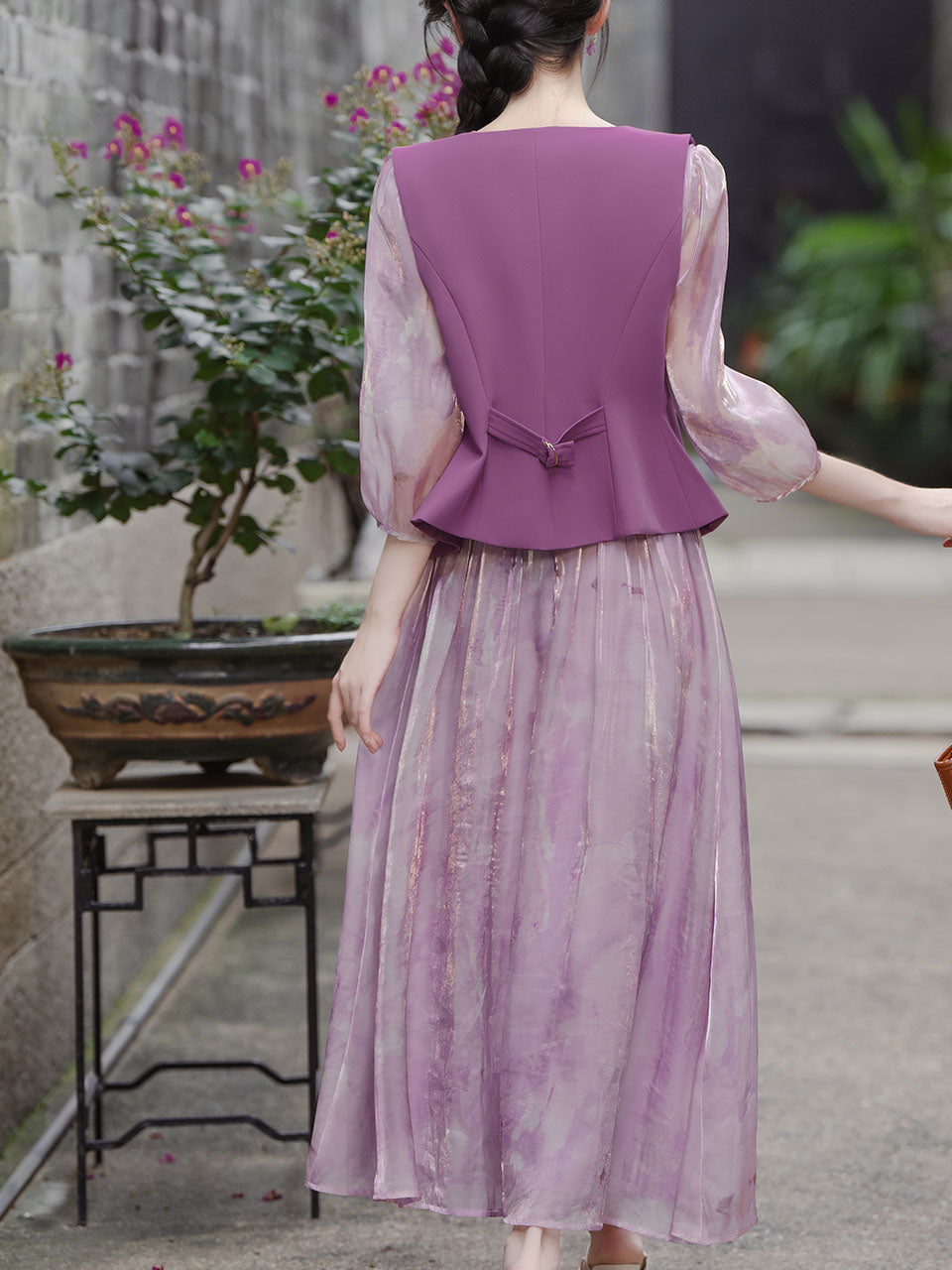 2PS Purple V-neck Organza Flowing Swing Dress