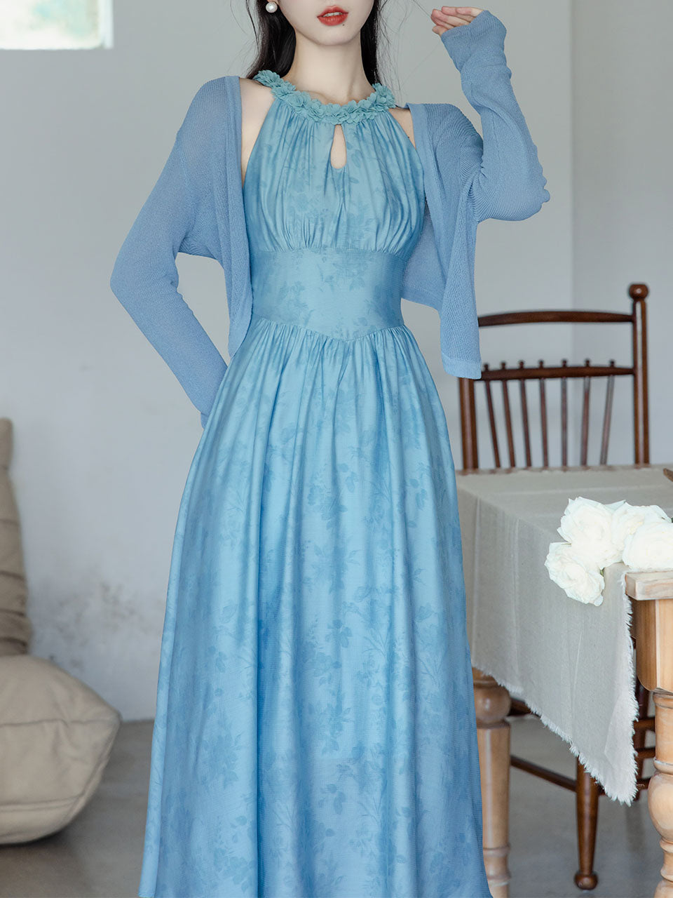2PS Blue Floral Printed Jacaranda Flower Crew Neck Retro Girdle Dress