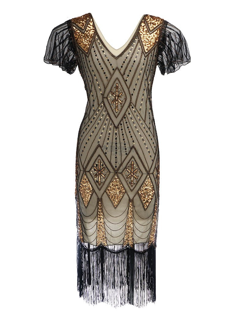Gold Red 1920s V Neck Sequined Flapper Dress