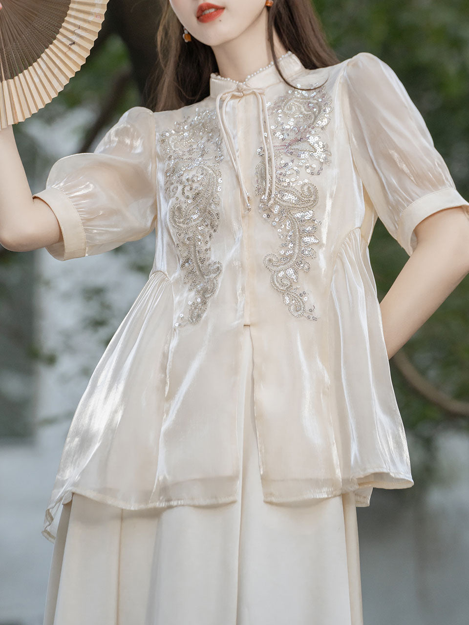 2PS White Sequins Short Sleeve
