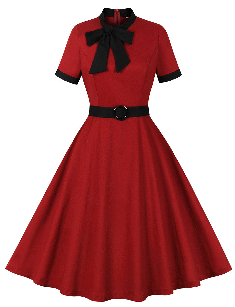 Wine Red Bow Collar 1950s Vintage Swing Dress