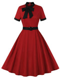 Wine Red Bow Collar 1950s Vintage Swing Dress