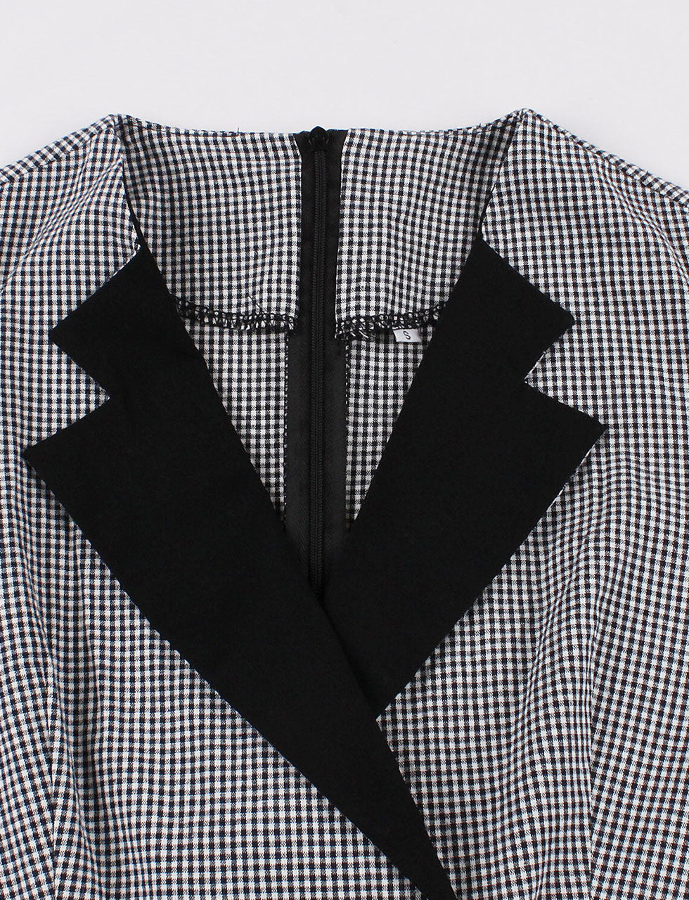 1950s Black V Neck Plaid 3/4 Sleeve Vintage Swing Dress