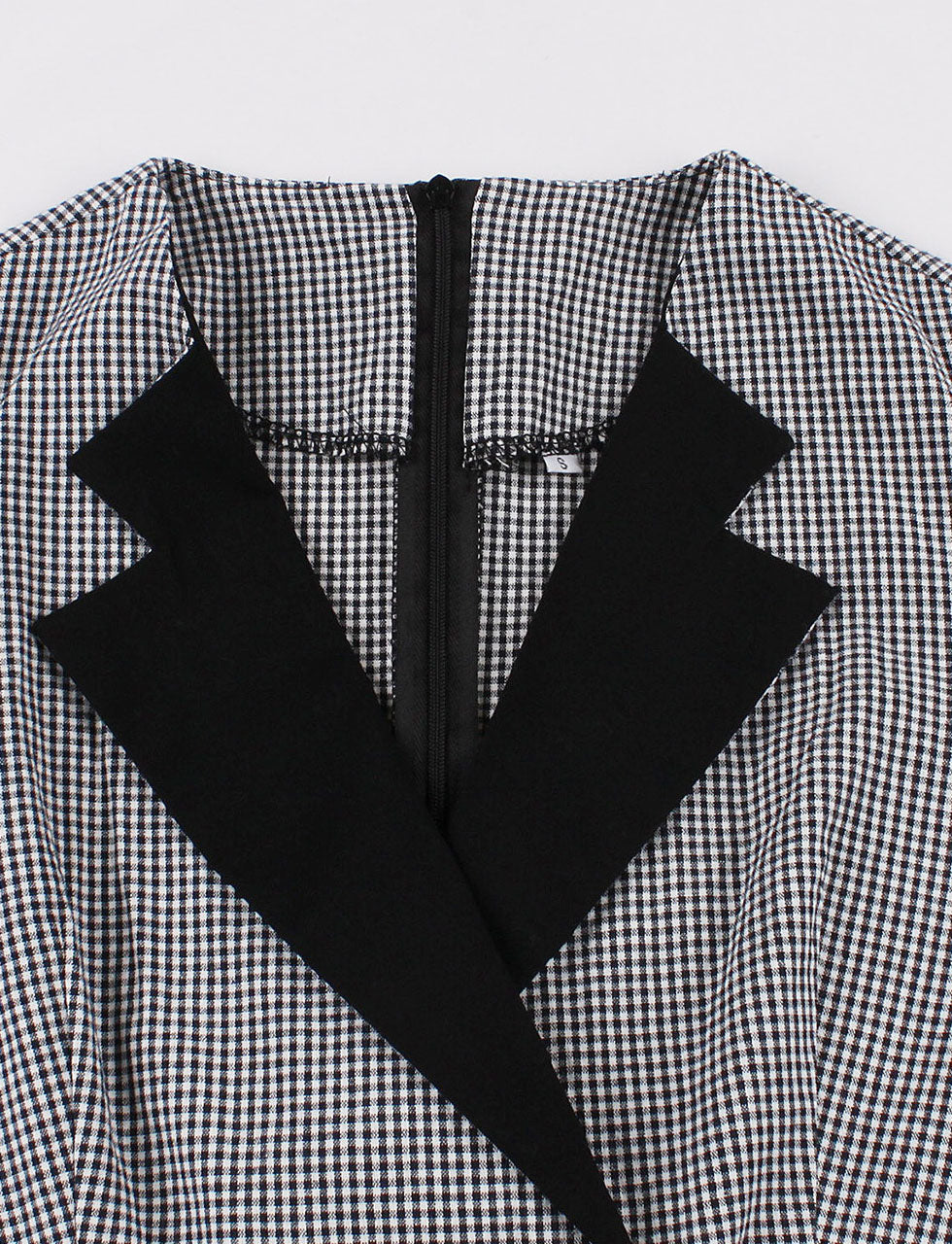 1950s Black V Neck Plaid 3/4 Sleeve Vintage Swing Dress